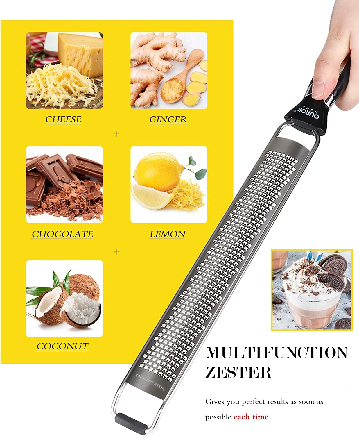 Stainless Steel Kitchen Zester and Grater for Citrus, Cheese, and Vegetables with Cleaning Brush, Dishwasher Safe, Black