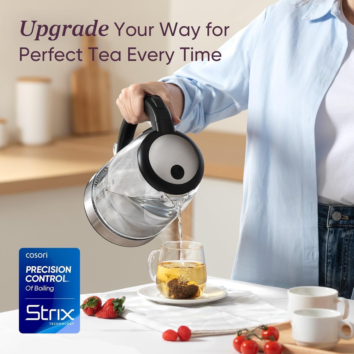 1.8Qt Electric Kettle - Borosilicate Glass Tea and Hot Water Boiler with No Plastic Filter, Automatic Shut Off, 1500W, Black