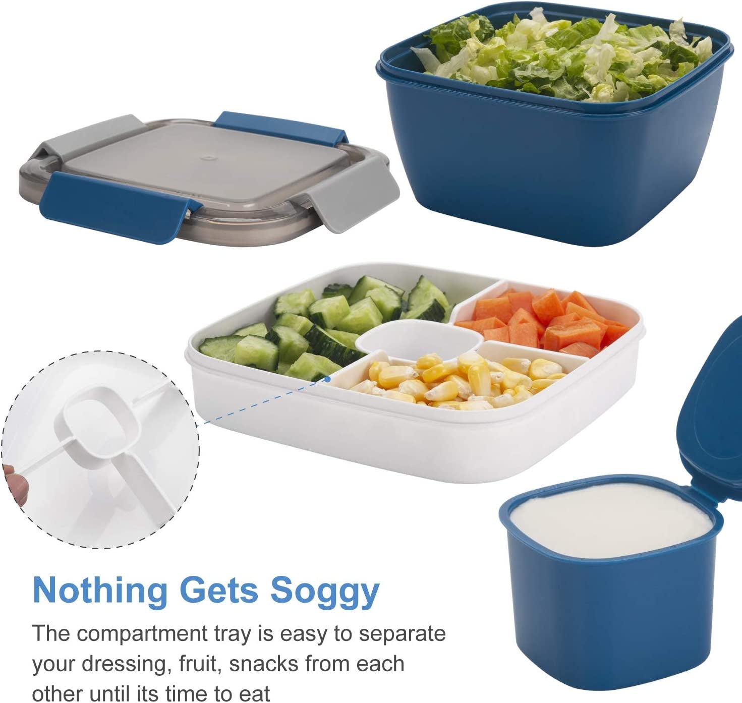 52-Oz Portable Salad Lunch Container with 3 Compartments and Dressing Holder, Ideal for Men and Women (Blue)