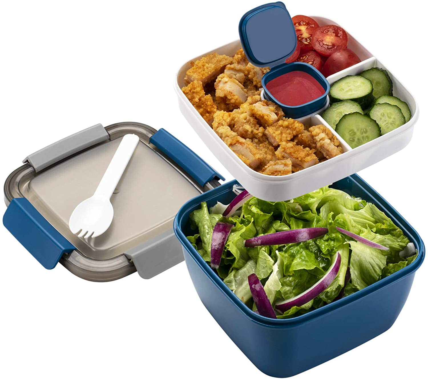 52-Oz Portable Salad Lunch Container with 3 Compartments and Dressing Holder, Ideal for Men and Women (Blue)