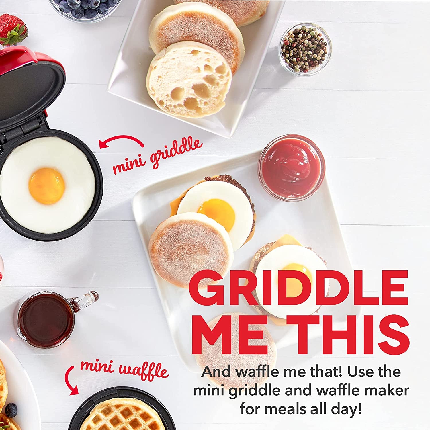 Mini Maker Waffle Maker and Griddle Set - Red