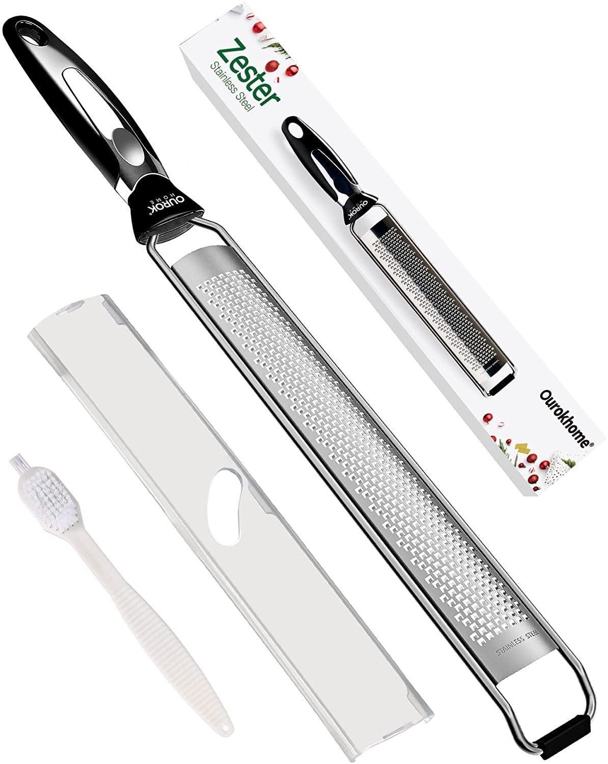 Stainless Steel Kitchen Zester and Grater for Citrus, Cheese, and Vegetables with Cleaning Brush, Dishwasher Safe, Black