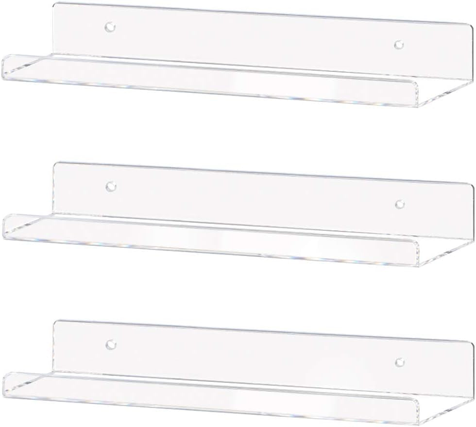 15-Inch Clear Acrylic Floating Wall Shelf Set - Wall-Mounted Bookshelf for Kids' Book Display (3-Pack)