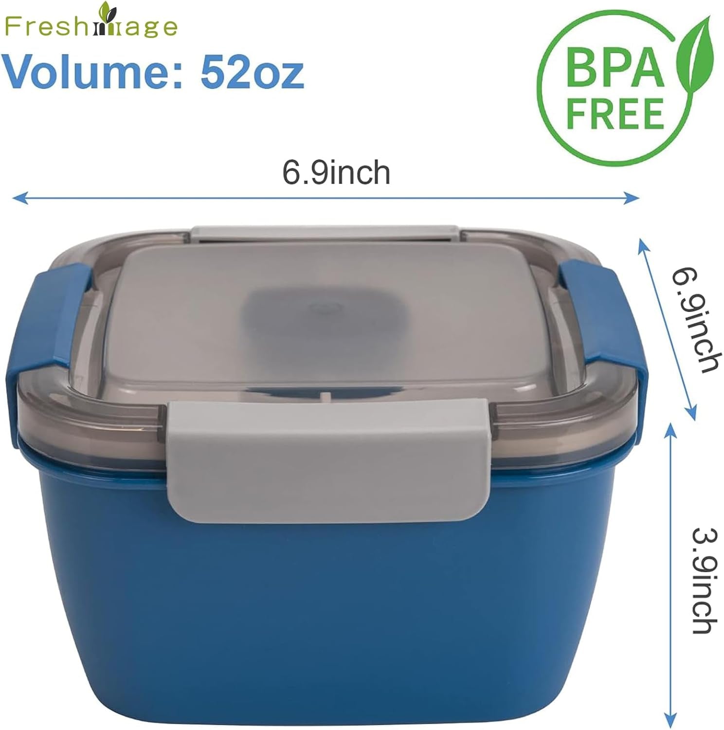 52-Oz Portable Salad Lunch Container with 3 Compartments and Dressing Holder, Ideal for Men and Women (Blue)